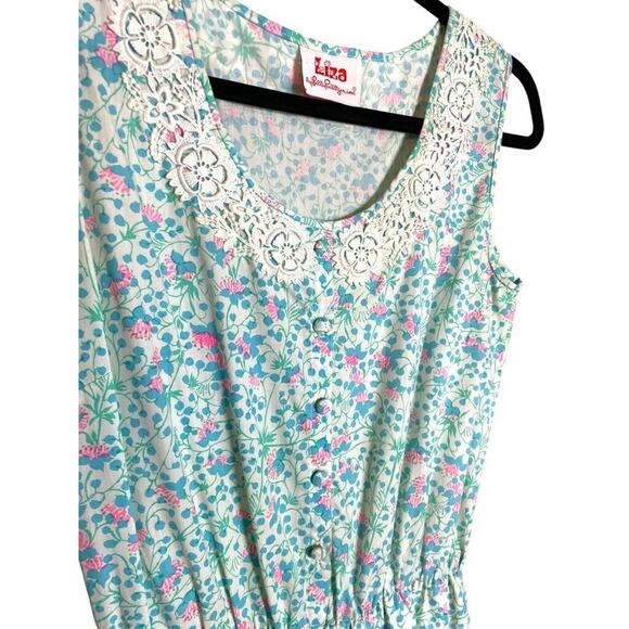 70s LIZA for Lilly Pulitzer Dayglo Floral Wide Lace Trim Sleeveless Dress - Picture 2 of 4